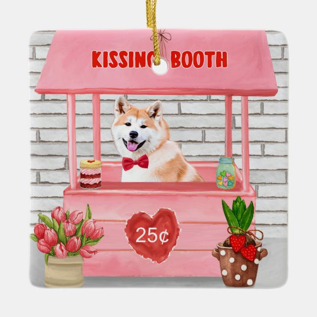 Akita Dog Valentine's Day Kissing Booth  Ceramic Ornament (Front)
