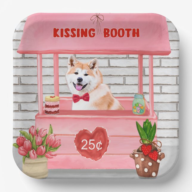Akita Dog Valentine's Day Kissing Booth  Paper Plate (Front)
