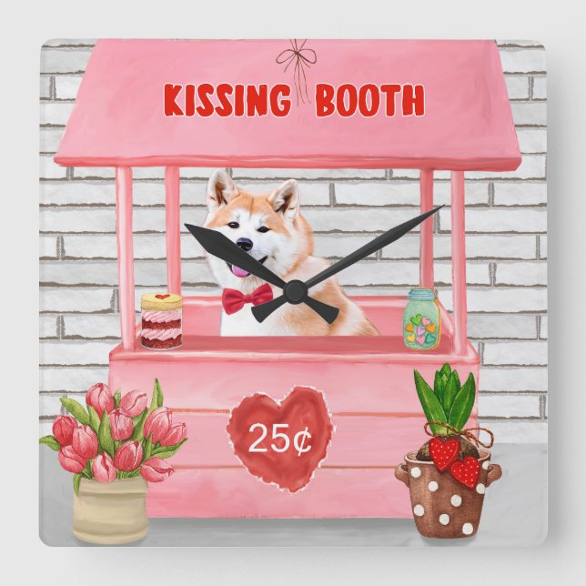 Akita Dog Valentine's Day Kissing Booth Square Wall Clock (Front)