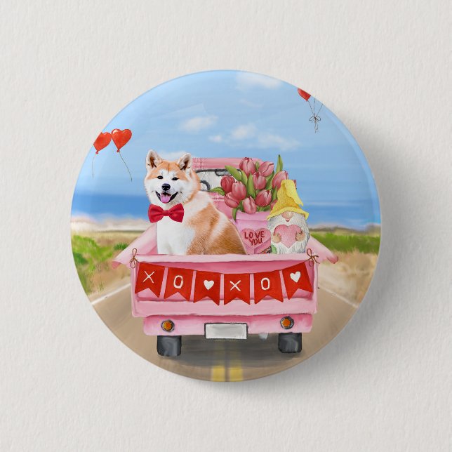 Akita Dog Valentine's Day Truck Hearts 6 Cm Round Badge (Front)