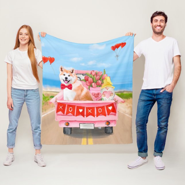 Akita Dog Valentine's Day Truck Hearts Fleece Blanket (In Situ)