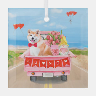 Akita Dog Valentine's Day Truck Hearts Glass Tree Decoration