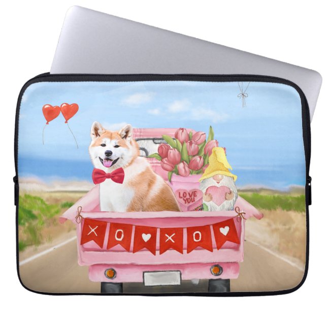 Akita Dog Valentine's Day Truck Hearts  Laptop Sleeve (Front)