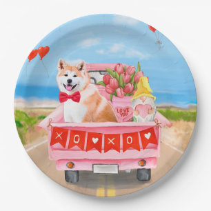 Akita Dog Valentine's Day Truck Hearts Paper Plate