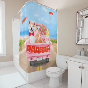 Akita Dog Valentine's Day Truck Hearts Shower Curtain