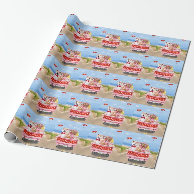 Akita Dog Valentine's Day Truck Hearts Wrapping Paper (Unrolled)