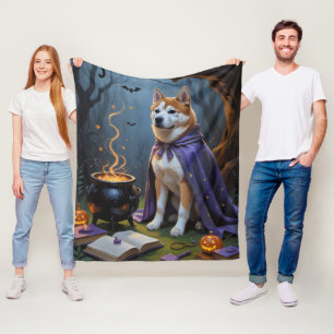 Akita Dog Whimsical Halloween Painting Fleece Blanket