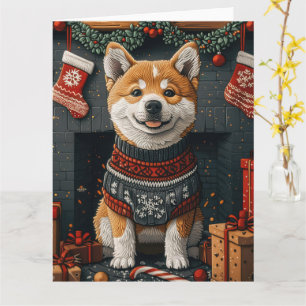 Akita Dog With Christmas Gifts Fireplace Card