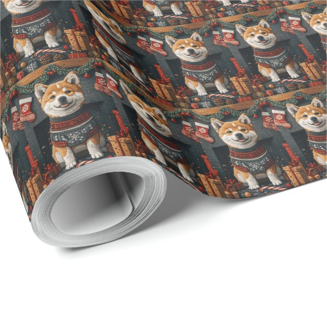 Akita Dog With Christmas Gifts Fireplace Wrapping Paper (Roll Corner)