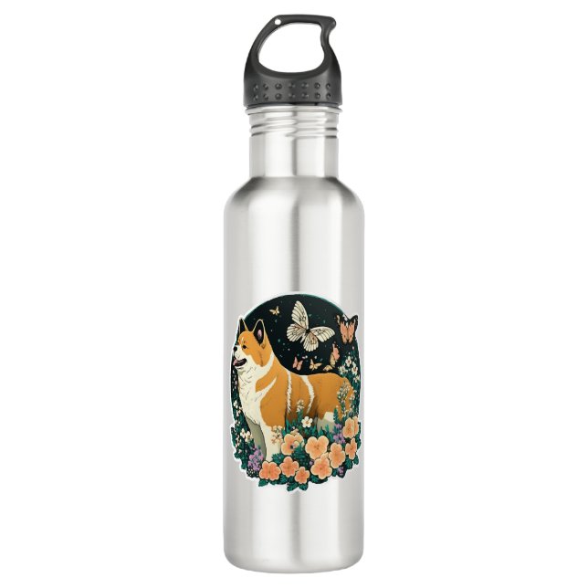 Akita Dog with Flower and Butterfly T Shirt 710 Ml Water Bottle (Front)