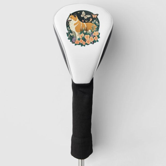 Akita Dog with Flower and Butterfly T Shirt Golf Head Cover (Front)