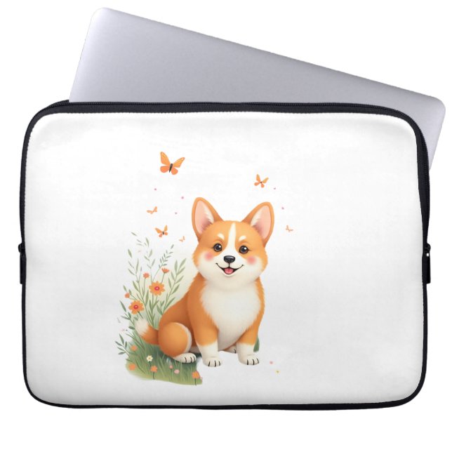 Akita Dog with Flower and Butterfly T Shirt Laptop Sleeve (Front)