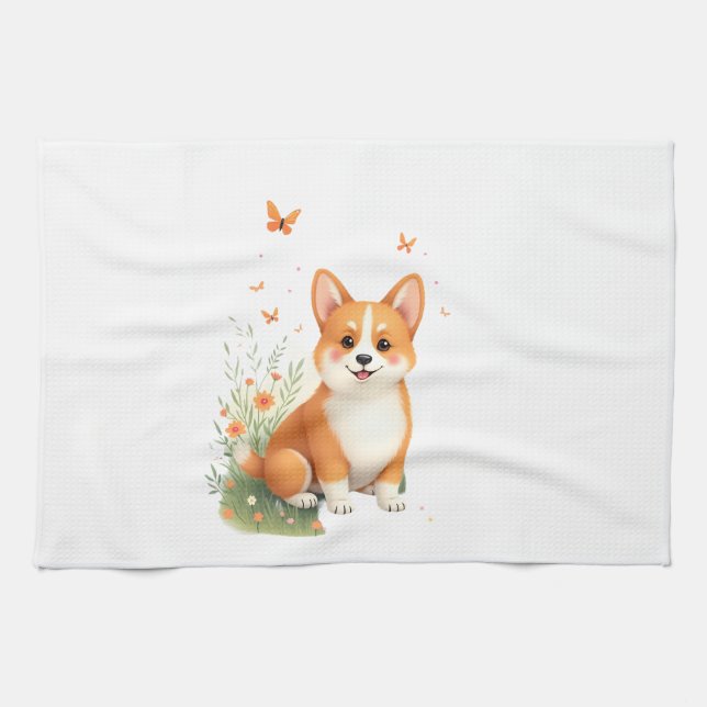 Akita Dog with Flower and Butterfly T Shirt Tea Towel (Horizontal)