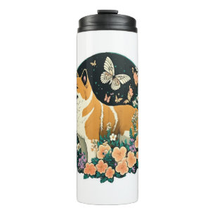 Akita Dog with Flower and Butterfly T Shirt Thermal Tumbler