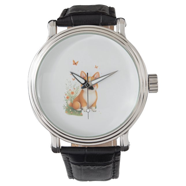 Akita Dog with Flower and Butterfly T Shirt Watch (Front)