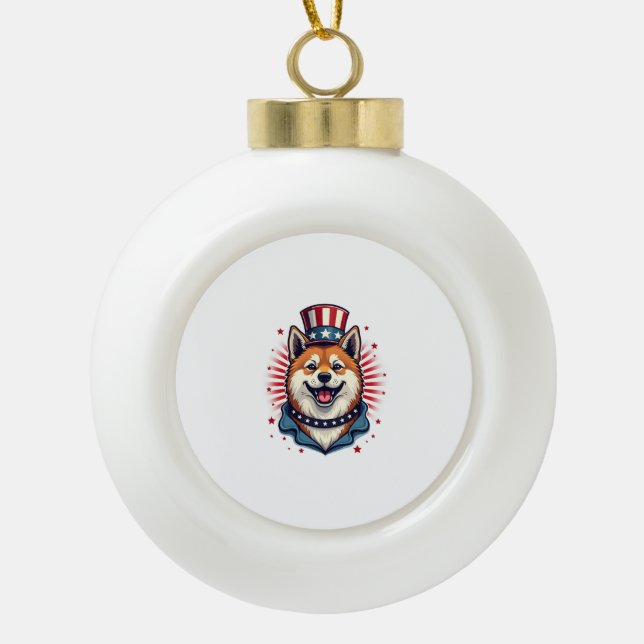 Akita dog with independence day  ceramic ball christmas ornament (Front)