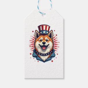 Akita dog with independence day gift tags