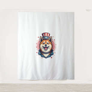 Akita dog with independence day tapestry