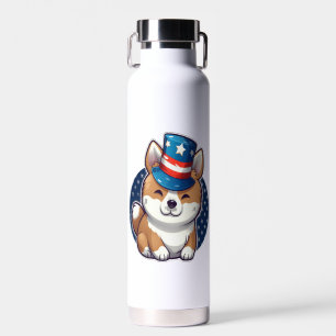 Akita dog with independence day water bottle