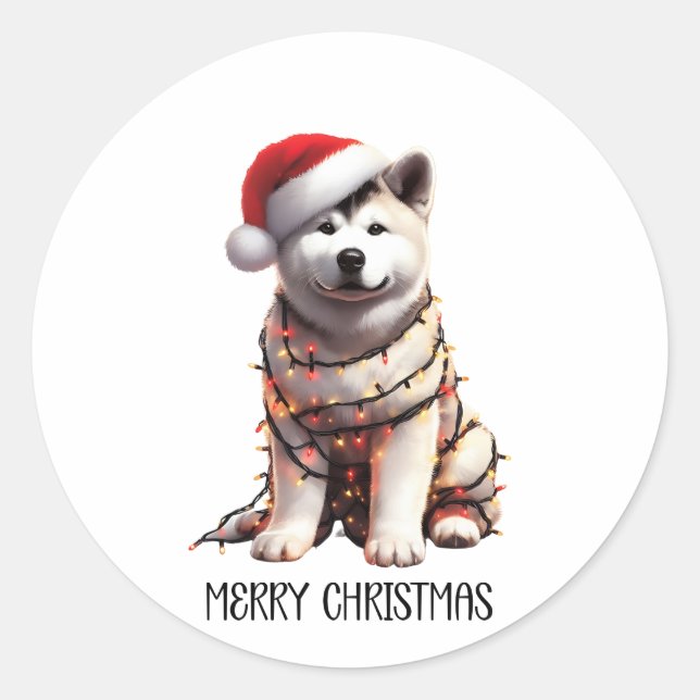 Akita Dog Wrapped In Christmas Light Classic Round Sticker (Front)