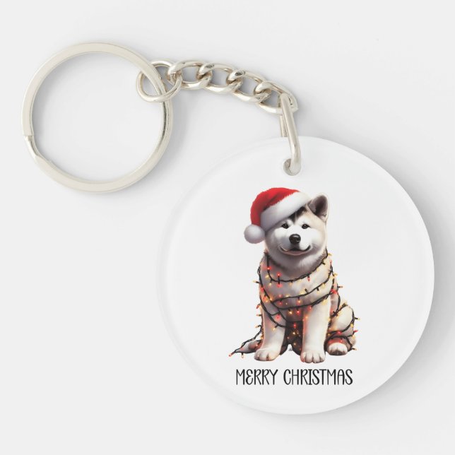 Akita Dog Wrapped In Christmas Light Key Ring (Front)