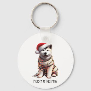 Akita Dog Wrapped In Christmas Light Key Ring