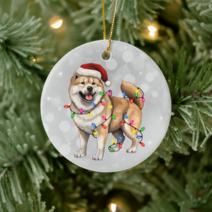 Akita Dog Wrapped in Christmas Lights  Ceramic Ornament