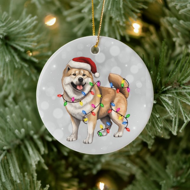 Akita Dog Wrapped in Christmas Lights  Ceramic Ornament (Tree)
