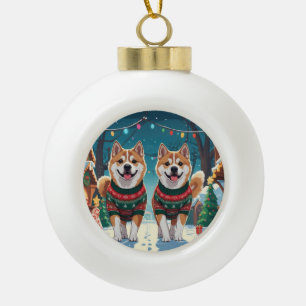 Akita Dogs Christmas Snow Holiday Ceramic Ball Christmas Ornament