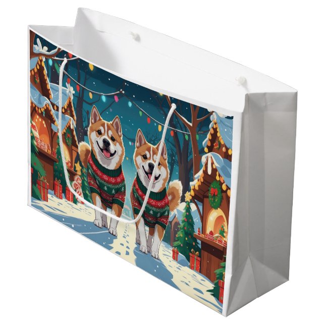 Akita Dogs Christmas Snow Holiday Large Gift Bag (Front Angled)