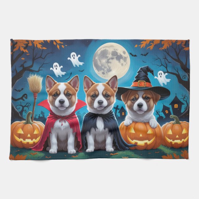 Akita Dogs Pumpkin Halloween Funny Tea Towel (Horizontal)