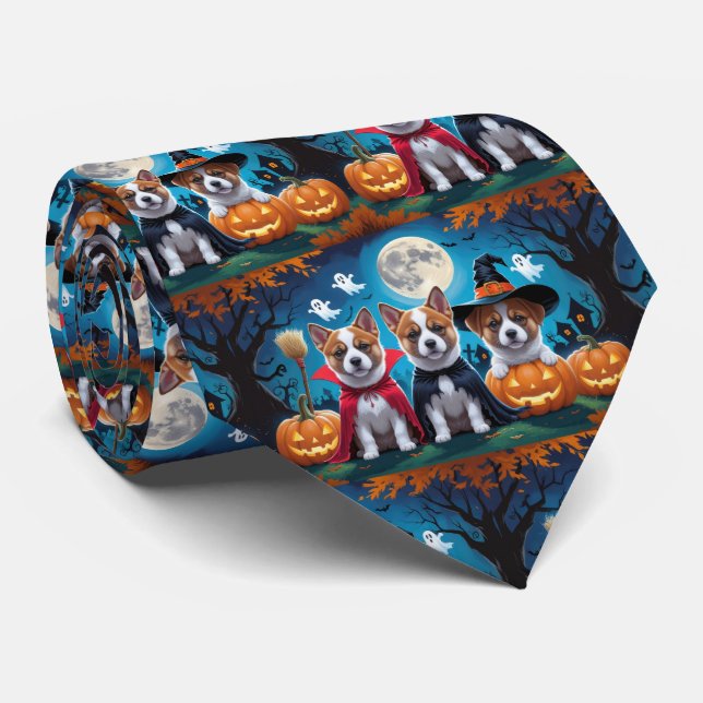 Akita Dogs Pumpkin Halloween Funny Tie (Rolled)
