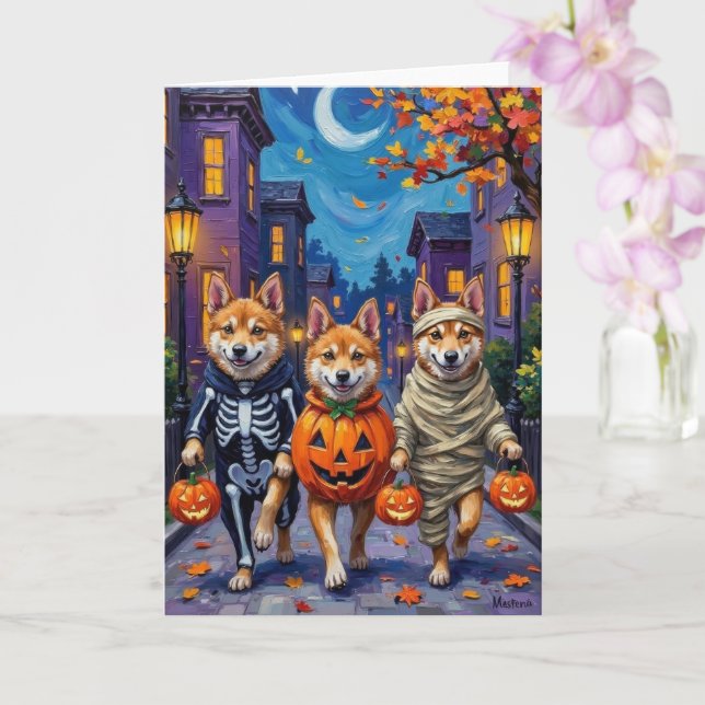 Akita Dogs Trick-or-Treating in Halloween Costumes Card (Orchid)