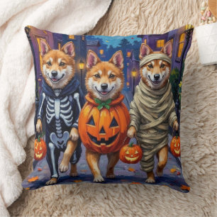 Akita Dogs Trick-or-Treating in Halloween Costumes Cushion