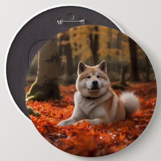 Akita in Autumn Leaves Fall Inspired 6 Cm Round Badge (Front & Back)