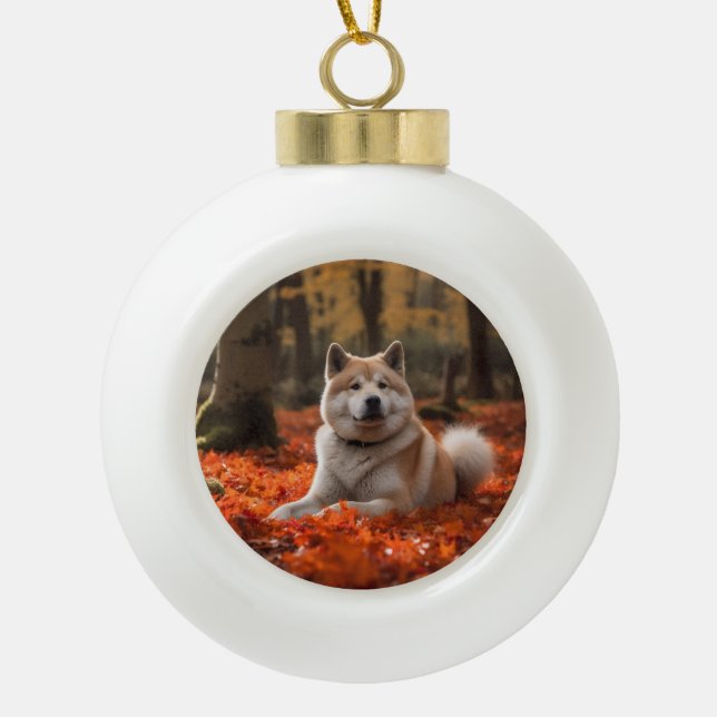 Akita in Autumn Leaves Fall Inspired Ceramic Ball Christmas Ornament (Front)
