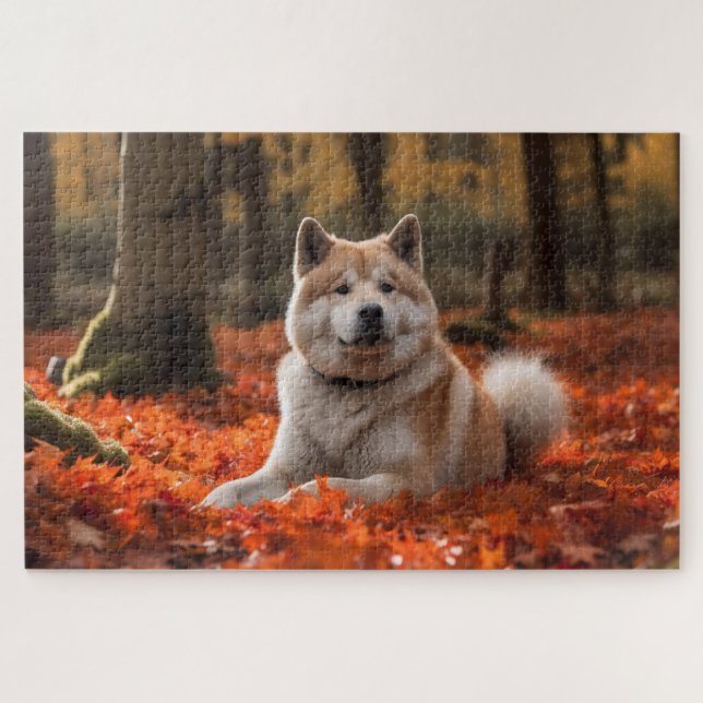 Akita in Autumn Leaves Fall Inspired Jigsaw Puzzle (Horizontal)