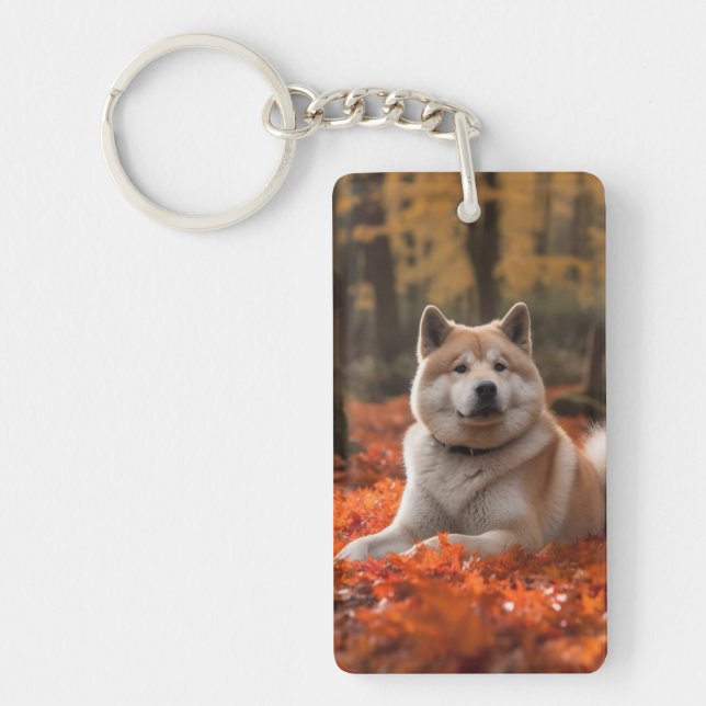Akita in Autumn Leaves Fall Inspired Key Ring (Front)
