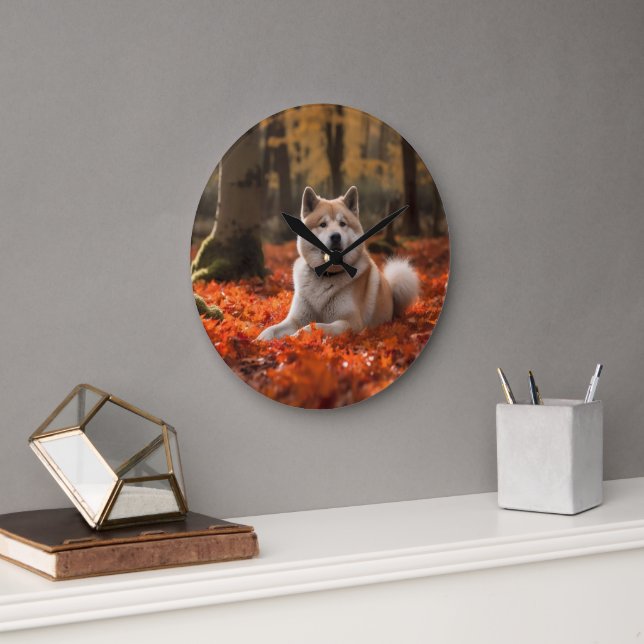 Akita in Autumn Leaves Fall Inspired Large Clock (Office)