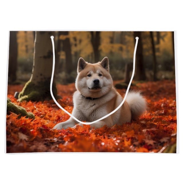 Akita in Autumn Leaves Fall Inspired Large Gift Bag (Front)