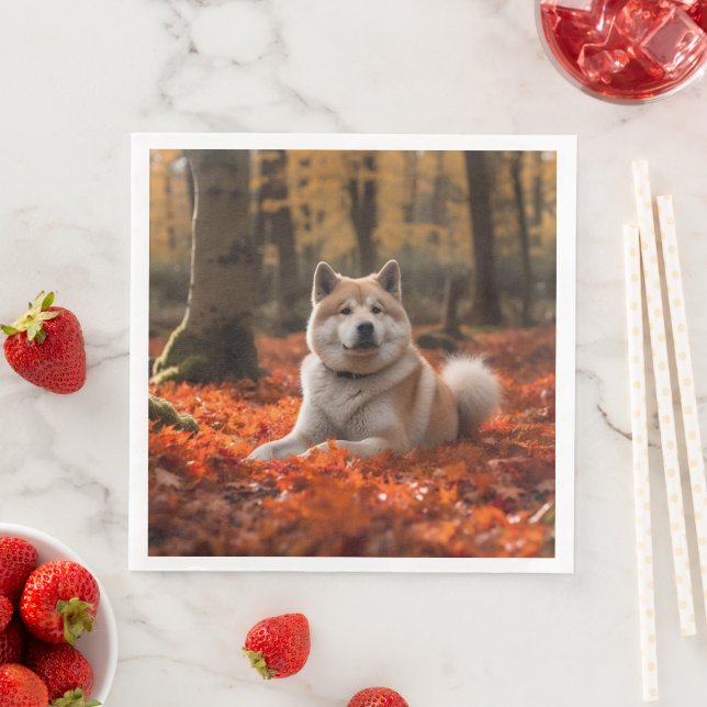 Akita in Autumn Leaves Fall Inspired Napkin (Insitu)