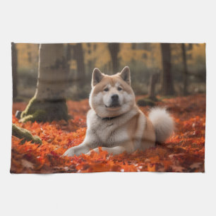 Akita in Autumn Leaves Fall Inspired Tea Towel