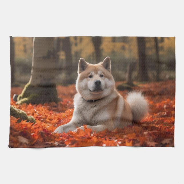 Akita in Autumn Leaves Fall Inspired Tea Towel (Horizontal)