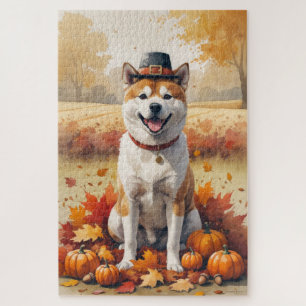 Akita in Autumn Leaves Thanksgiving Art  Jigsaw Puzzle