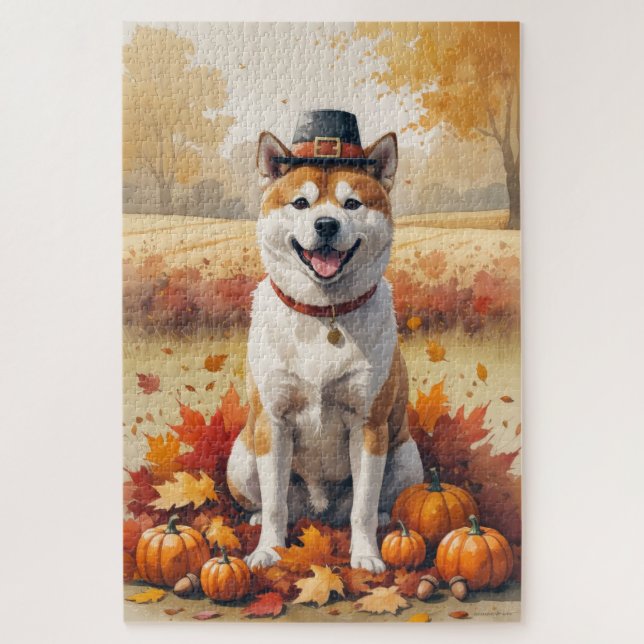 Akita in Autumn Leaves Thanksgiving Art  Jigsaw Puzzle (Vertical)