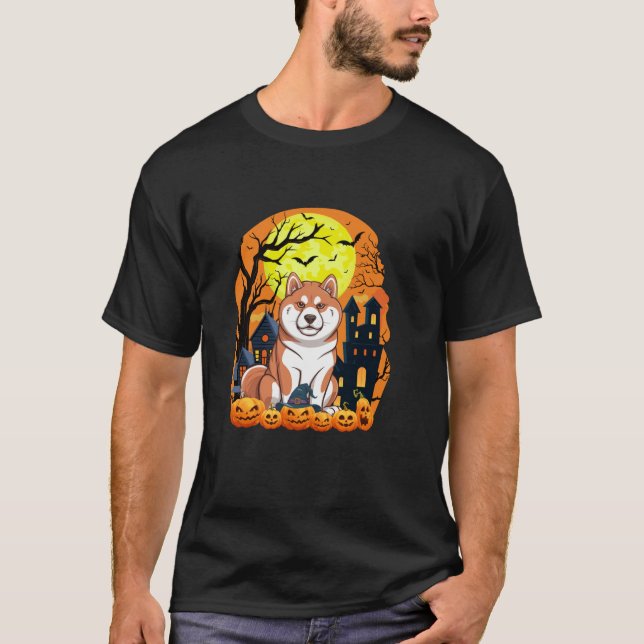 Akita Inu Dog With Pumpkins Funny Scary Halloween  T-Shirt (Front)