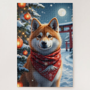 Akita Japanese Christmas Winter Portrait Art Jigsaw Puzzle