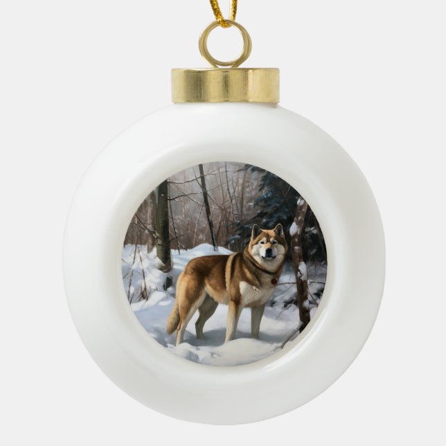 Akita Let It Snow Christmas  Ceramic Ball Christmas Ornament (Front)