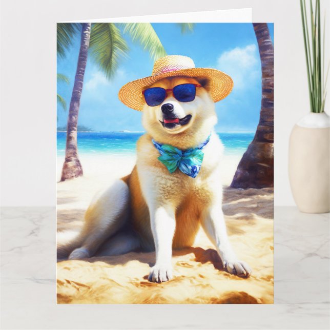 Akita on Beach, summer gift for dog lovers Gift Ta Card (Front)
