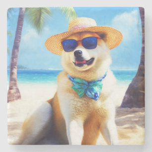 Akita on Beach, summer gift for dog lovers Gift Ta Stone Coaster